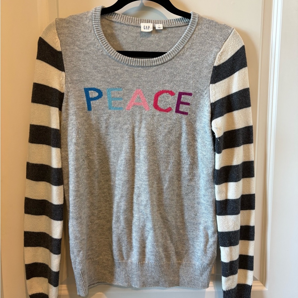 GAP Gray Sweater with Striped Sleeves and Peace Design